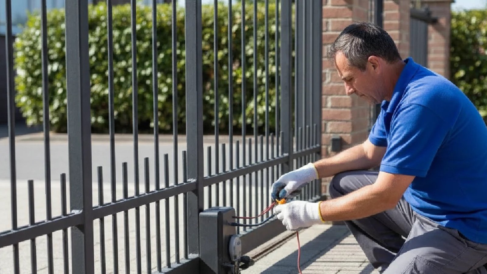 Technician kneeling at a gate control box, testing wiring with hand tools