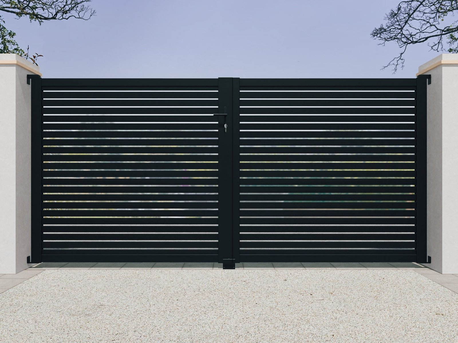 Black horizontal slat double swing driveway gate between stucco columns