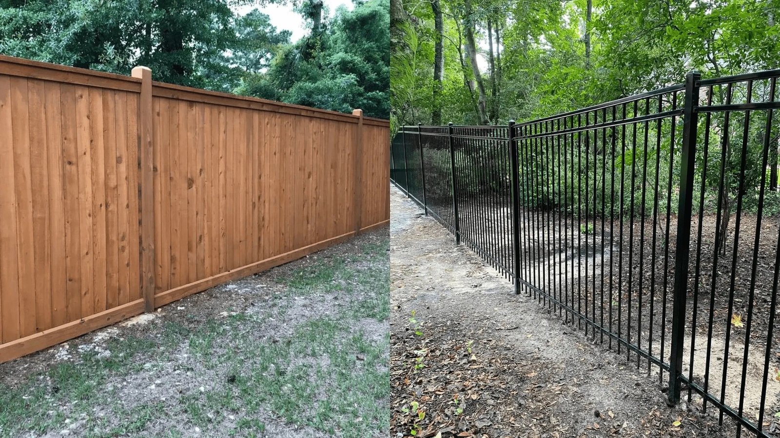 Side-by-side comparison of a stained wood privacy fence and a black iron picket fence
